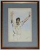 Mike Watkinson, Lancashire & England. Original pen, ink and watercolour artwork of Watkinson depicted three quarter length wearing England cricket attire, arms raised. Signed by the artist, Shirley Stewart, and dated 30th June 1995. Produced for Watkinson