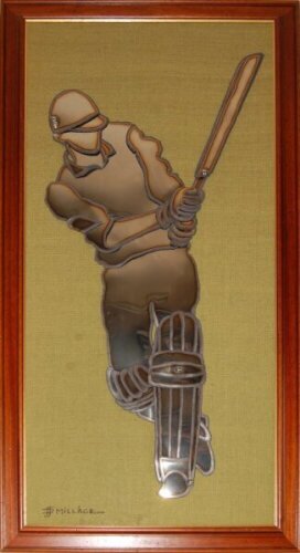 Peter Millage. Metal artist. A large and impressive decorative figure of a batsman playing a shot to the leg. The figure is worked in highly polished steel and mounted on a green hessian background. Signed by the artist, 'P.J. Millage'. Framed, overall ap