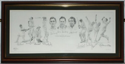 'A Kent Eleven for all Seasons'. Limited print from the original drawn by Paul Vater for Trevor Ward's Benefit season in 1999. Signed in pencil by all the players featured including Colin Cowdrey, Denness, Tavare, Knott, Luckhurst, Ealham, Underwood, De S