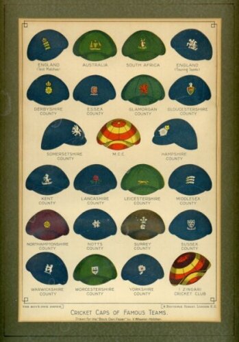 'Cricket Caps of Famous Teams. Drawn for the "Boy's Own Paper" by V. Wheeler-Holohan'. Original page from the magazine depicting twenty three caps of England, Australia, South Africa and County teams. Mounted, framed and glazed, overall 12.5"x15.5". G/VG 