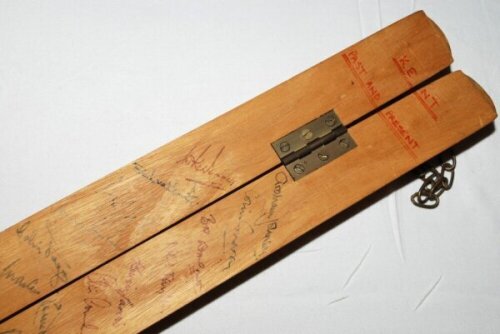 'Kent Past and Present'. Full size split and hinged cricket stump signed by over fifty Kent players. Signatures include Mike Denness, Brian Luckhurst, Asif Iqbal, Colin Page, Jack Martin, Doug Wright, Eddie Crush, Hopper Levett, Bob Wilson, Claude Lewis, 