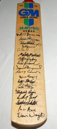 'West Indies 1985'. Full size Gunn and Moore 'Maestro' cricket bat signed in thick black ink by fifteen West Indies players, Wes Hall (Manager) and one other, seventeen in total. Players' signatures are Richards (Captain), Holding, Garner, Greenidge, Mars