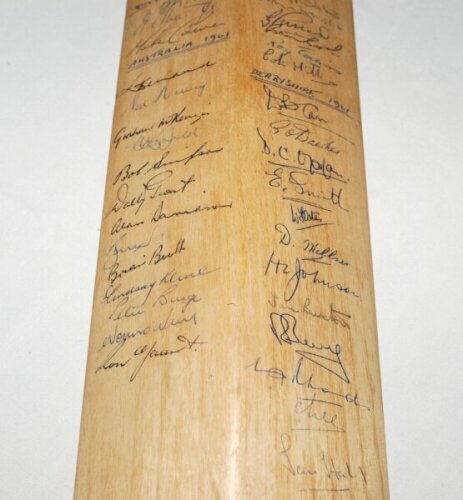 Australia, Yorkshire, Lancashire and Derbyshire 1961. Stuart Surridge 'Standard Driver' full size cricket bat signed in ink to the verso by thirteen members of the 1961 Australian touring party. Signatures are Benaud, Harvey, McKenzie, McDonald, Simpson, 