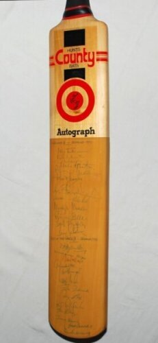 England XI v Rest of the World XI, Jesmond 1991. Hunts County full size 'Autograph' cricket bat signed by both teams. Twenty five signatures including Emburey, Fairbrother, Atherton, Morris, Malcolm, Salisbury, Azharuddin, Mudassar Nazar, Tendulkar, Wasim