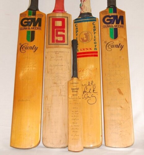 Old England signed bat. Full size Gunn & Moore 'The County' bat signed by twenty former England Test players including Hutton, Wyatt, Close, Compton, Bedser, Evans, Wardle, Brown, Russell, May etc. Sold with three further full size bats. Lancashire v York