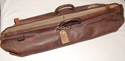 Leather cricket bag c.1930s. Original early leather cricket bag with hanging ownership label for Arthur Tollemache of Helmingham Hall in Suffolk. London and North Eastern Railway luggage label appears to date the bag to the early 1930s. G/VG - cricket<br>