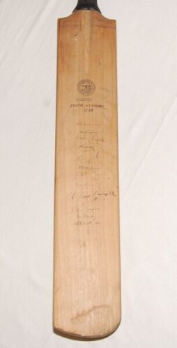 South African tour to England 1935. B. Warsop 'Improved Conqueror' full size bat signed in ink to the face by twelve members of the South African touring party. Signatures are Cameron, Viljoen, Dalton, Nourse, Mitchell, Tomlinson, Rowan, Vincent, Langton,