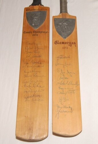 Warwickshire County Champions 1972. Large miniature bat with hand printed title and pewter shield with the county emblem of the bear and ragged staff. Nicely signed to the face in ink by thirteen members of the Warwickshire team including A. Smith (Captai