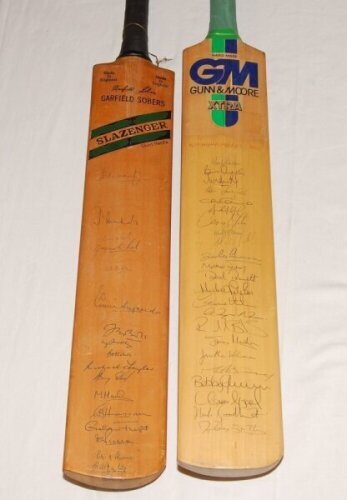 Nottinghamshire v India 1971. Slazenger 'Garfield Sobers' autograph full size bat signed in ink to the face by ten[?] members of the Indian touring party including Venkataraghavan, Prasanna, Abid Ali, Bedi, Govindraj, Jayantilal etc. Also signed by eleven