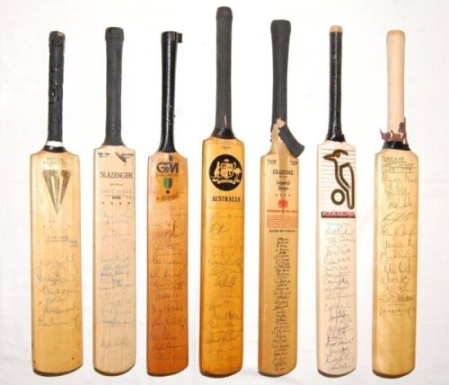 Miniature cricket bats 1960-1993. A selection of thirteen signed miniature bats of various sizes, including two with printed signatures. Larger bats, all 17" unless stated, include England 1979 (6 signatures), West Indies 1979/80 (14), Nottinghamshire Nat