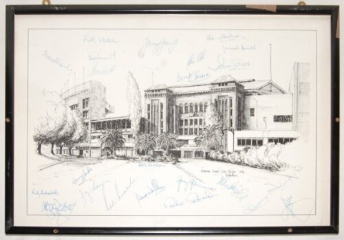 Australia v England. 'Centenary Test Match' 1877-1977. Mono print from an original pen and ink drawing of the Melbourne Cricket Club Pavilion by D. Watson 1976. Signed to the print by eleven members of the England touring party, ten of whom played in the 