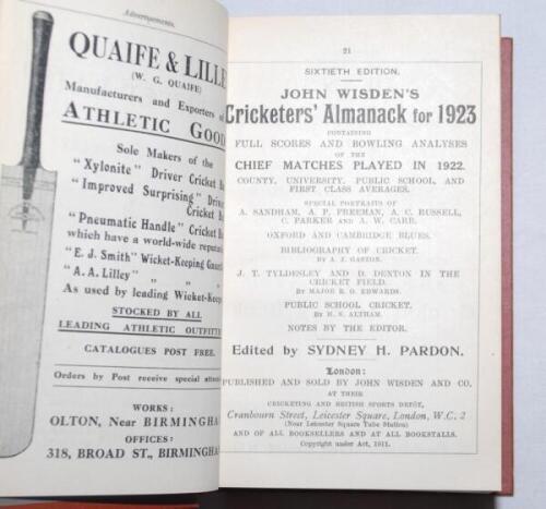 Wisden Cricketers' Almanack 1923, 1924 and 1925. 60th, 61st & 62nd editions. Bound uniformly in light brown boards, lacking original wrappers, with silver titles to spine. Very good condition. Qty 3 - cricket