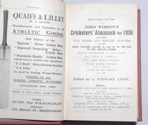 Wisden Cricketers' Almanack 1926, 1927 and 1928. 63rd, 64th & 65th editions. Bound uniformly in light brown boards, lacking original wrappers, with silver titles to spine. Very good condition. Qty 3 - cricket