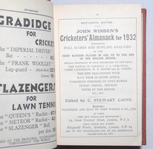 Wisden Cricketers' Almanack 1932, 1933 and 1934. 69th, 70th & 71st editions. Bound uniformly in light brown boards, lacking original wrappers, with silver titles to spine. Very good condition. Qty 3 - cricket