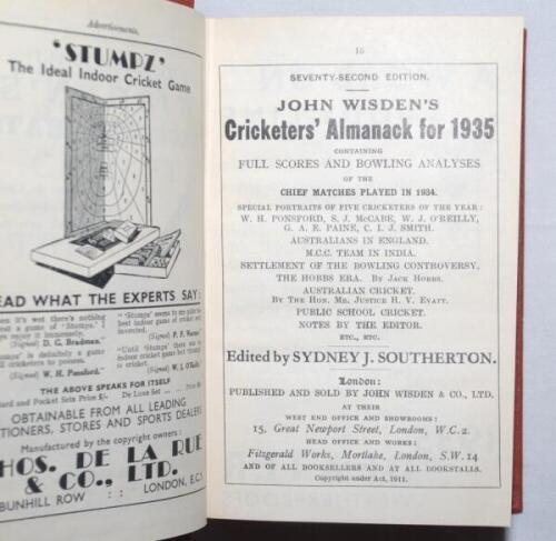 Wisden Cricketers' Almanack 1935, 1936 and 1937. 72nd, 73rd & 74th editions. Bound uniformly in light brown boards, lacking original wrappers, with silver titles to spine. Very good condition. Qty 3 - cricket