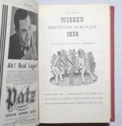 Wisden Cricketers' Almanack 1938, 1939 and 1940. 75th, 76th & 77th editions. Bound uniformly in light brown boards, lacking original wrappers, with silver titles to spine. Very good condition. Qty 3 - cricket