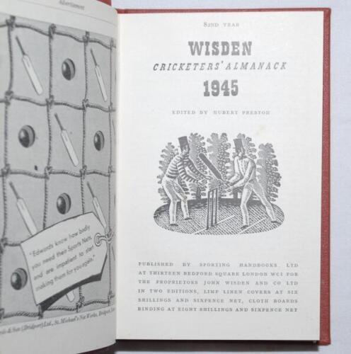 Wisden Cricketers' Almanack 1945 and 1946. 82nd & 83rd editions. Only 6500 copies of the 1945 edition were printed in this war year. Both bound in light brown boards, lacking original paper wrappers, with titles in silver to spines. Very good condition. R