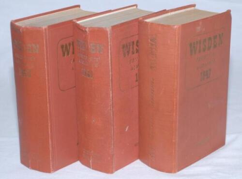 Wisden Cricketers' Almanack 1947, 1949 and 1950. Original hardback editions. The 1947 and 1949 editions with broken or breaking internal hinges at front and rear. Fading to gilt titles on spines and two to front board, crease to the spine of the 1949 and 