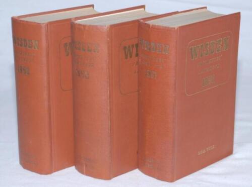 Wisden Cricketers' Almanack 1951, 1952 and 1953. Original hardback editions. All editions with dulled gilt titles to spine, the 1951 with breaking to front internal hinges, the 1952 with slight breaking to rear internal hinges otherwise in good condition.