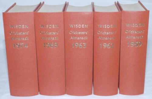 Wisden Cricketers' Almanack 1959, 1962, 1963, 1969 and 1974. All Uniformly bound in light brown boards, lacking original wrappers, with silver titles to spine. Very good condition. Qty 5 - cricket