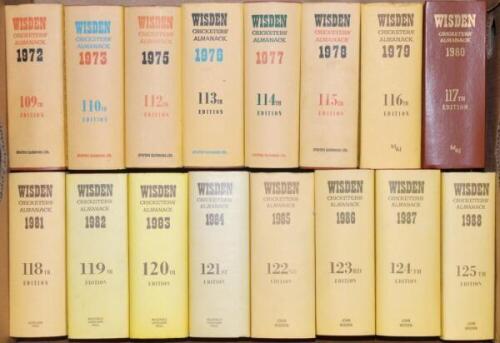 Wisden Cricketers' Almanack 1972, 1973, 1975 to 2021. Original hardback editions with dustwrapper with the exception of the 1980 which is lacking its dustwrapper. Generally very good condition. Qty 49 - cricket