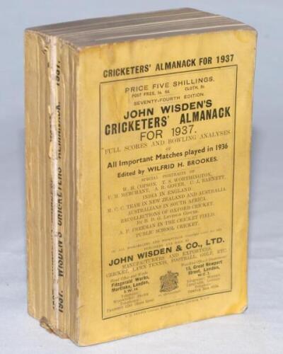 Wisden Cricketers' Almanack 1937. 74th edition. Original paper wrappers. Page block almost broken, some minor loss to the spine paper, minor wear and slight soiling to wrappers otherwise in good+ condition - cricket