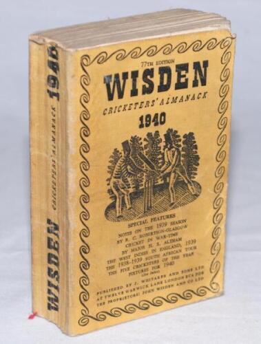 Wisden Cricketers' Almanack 1940. 77th edition. Original limp cloth covers. Only 8000 paper copies printed in this war year. Some minor bowing to spine, some minor wear to covers, some wear and slight damage to last page (869/870) of the book otherwise in