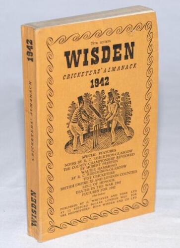 Wisden Cricketers' Almanack 1942. 79th edition. Original limp cloth covers. Only 4100 paper copies printed in this war year. Odd minor faults otherwise in good/very good condition. Rare war-time edition - cricket