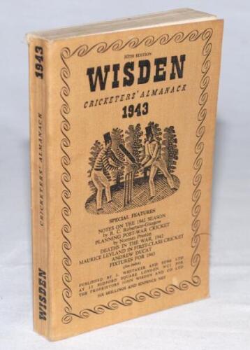 Wisden Cricketers' Almanack 1943. 80th edition. Original limp cloth covers. Only 5600 paper copies printed in this war year. Odd minor faults to rear cover otherwise in good/very good condition. Rare war-time edition - cricket