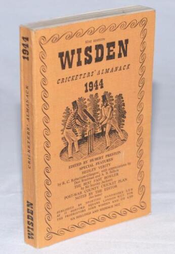 Wisden Cricketers' Almanack 1944. 81st Edition. Original limp cloth covers. Only 5600 paper copies printed in this war year. Very good condition. Rare war-time edition - cricket