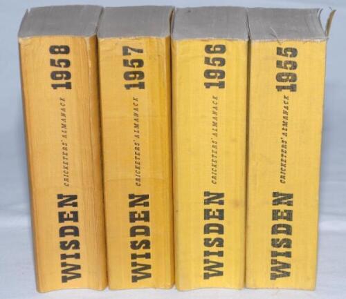 Wisden Cricketers' Almanack 1955, 1956, 1957 and 1958. Original limp cloth covers. Slight bowing to the spines of the 1956 and 1958 editions otherwise all four editions in overall good+ condition. Qty 4 - cricket