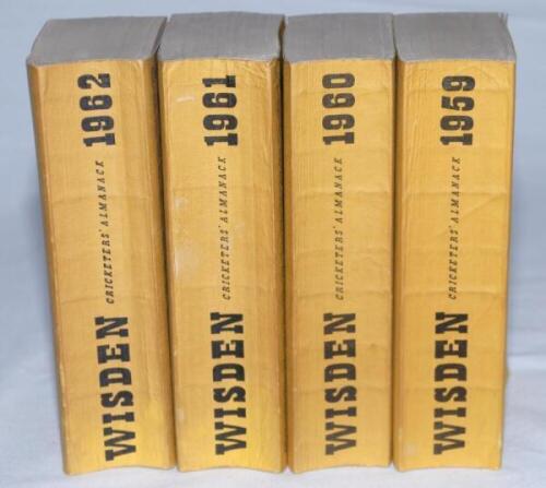 Wisden Cricketers' Almanack 1959, 1960, 1961 and 1962. Original limp cloth covers. Some bowing to the spines of all four editions to a greater or lesser degree otherwise in overall good+ condition. Qty 4 - cricket