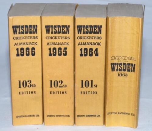 Wisden Cricketers' Almanack 1963, 1964, 1965 and 1966. Original limp cloth covers. Some bowing to the spine of the 1963 edition otherwise in good condition, the other three editions in good/very good condition. Qty 4 - cricket