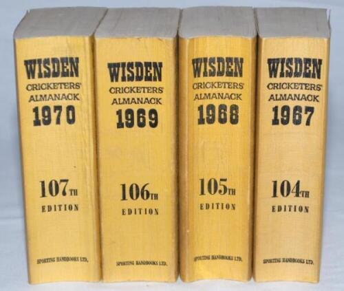 Wisden Cricketers' Almanack 1967, 1968, 1969 and 1970. Original limp cloth covers. Some bowing to the spines of all four editions to a greater or lesser degree, minor soiling otherwise in overall good+ condition. Qty 4 - cricket