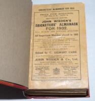 Wisden Cricketers' Almanack 1932. 69th edition. Bound in red quarter leather boards, with original wrappers, titles in gilt to spine. Some minor wear to wrappers otherwise in good condition - cricket