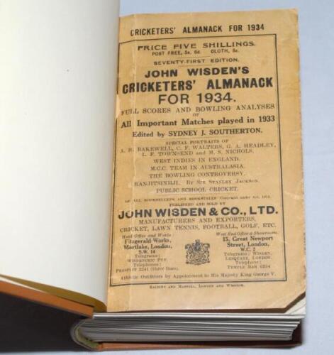 Wisden Cricketers' Almanack 1934. 71st edition. Bound in light brown boards, with original wrappers, titles in gilt to spine. Some minor wear to wrappers with vertical crease to front wrapper, small loss to corner of wrapper, very minor annotation to odd 