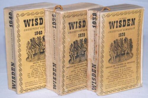 Wisden Cricketers' Almanack 1938, 1939 and 1940. 75th to 77th editions . Original cloth covers. The 1938 and 1939 in about poor/fair condition with soiling, wear to wrappers, bowing to spines and broken internal hinges. The 1940 edition better with some b