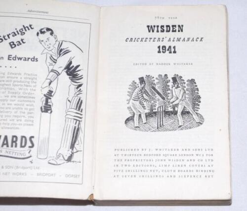 Wisden Cricketers' Almanack 1941. 78th edition. Original limp cloth covers. Only 3200 paper copies printed in this war year. Unusually the covers and spine have been covered in brown paper and titles are printed in black to front cover and spine paper, so