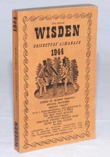 Wisden Cricketers' Almanack 1944. 81st edition. Original limp cloth covers. Only 5600 paper copies printed in this war year. Very good/excellent condition. Rarely seen in this condition. Rare war-time edition - cricket