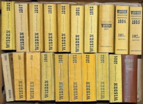 Wisden Cricketers' Almanack 1946 to 1965. Original limp cloth covers with the exception of the 1955 edition which is an original hardback with dulled gilt titles and broken rear internal hinges. The 1946 edition in good condition, the 1947 to 1954 and 195