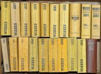 Wisden Cricketers' Almanack 1946 to 1965. Original limp cloth covers with the exception of the 1955 edition which is an original hardback with dulled gilt titles and broken rear internal hinges. The 1946 edition in good condition, the 1947 to 1954 and 195