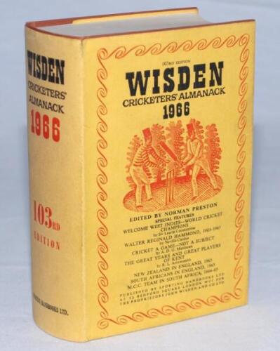 Wisden Cricketers' Almanack 1966. 103rd edition. Original hardback with dustwrapper. Some staining to the back side of the dustwrapper otherwise in good+ condition - cricket