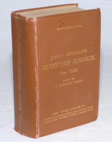 Wisden Cricketers' Almanack 1932. 69th edition. Original hardback. Odd minor mark to front boards, wear to board extremities, minor wear to head and base of spine paper, very slight breaking to rear internal hinge otherwise in good+ condition - cricket