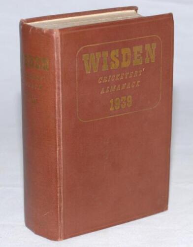 Wisden Cricketers' Almanack 1939. 76th edition. Original hardback. Some minor wear to boards, minor spotting to page block edges, slight dulling to the gilt titles on the spine paper, broken front internal hinges, very slight breaking to rear otherwise in