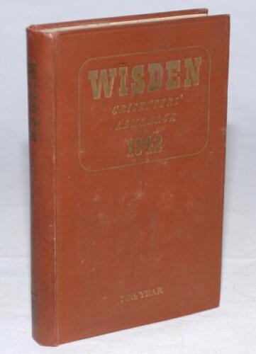 Wisden Cricketers' Almanack 1942. 79th edition. Original hardback. Only 900 hardback copies were printed in this war year. Dulling to the gilt titles on the spine paper, minor staining to page block edges otherwise in good/very good condition. Rare wartim