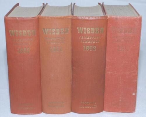 Wisden Cricketers' Almanack 1949, 1952, 1961 and 1962. Original hardback editions. Some soiling to the page block edge of all four books. The 1949 edition with broken internal hinges at front and rear, dulled gilt titles to front board and spine, the 1952