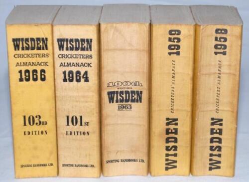 Wisden Cricketers' Almanack 1958, 1959, 1963, 1964 and 1966. Limp cloth covers. Slight bowing to three of the spines, minor soiling to page block edges otherwise in good condition. Qty 5 - cricket