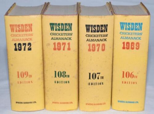 Wisden Cricketers' Almanack 1969 to 2015, lacking 1974, 1975, 1976 and 2000. Original hardbacks with dustwrapper. The majority of the books are hardback editions being 1969 to 1972, 1980, 1981, 1983, 1991, 1992, 1995, 1996, 1998, 1999, 2001 to 2015, all w