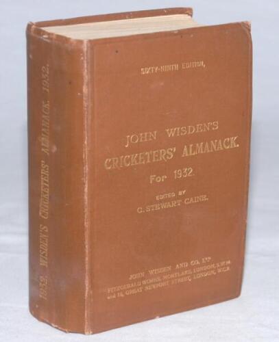 Wisden Cricketers' Almanack 1932. 69th edition. Original hardback. Slight bowing to boards, minor bumping to top corners, some general wear and odd marks to boards and head and base of spine paper, some wear to internal hinges otherwise in good condition 