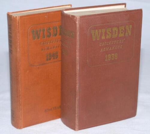 Wisden Cricketers' Almanack 1939 and 1946. 76th & 83rd editions. Original hardback. Some wear to boards and board extremities, some dulling to gilt titles on front board and spine, some breaking to front internal hinge, broken rear internal hinge otherwis